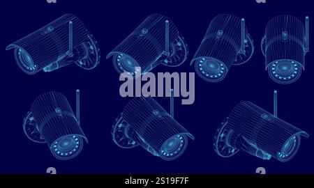 Serie di immagini blu di una telecamera di sicurezza. Le immagini hanno dimensioni e angoli diversi, ma hanno tutte la stessa forma e lo stesso design di base. L'umore Illustrazione Vettoriale
