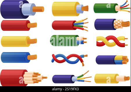 Fili di rame per cartoni animati. Cavi elettrici in gomma colorata avvolgimento flessibile. Filo elettrico per la riparazione, apparecchiature elettriche vettoriali Illustrazione Vettoriale