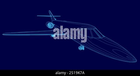 L'aereo blu è mostrato su sfondo blu. L'aereo è un jet ed è mostrato in modo stilizzato Illustrazione Vettoriale