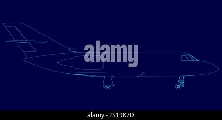 L'aereo blu è mostrato su sfondo blu. L'aereo è un jet ed è mostrato in modo molto stilizzato Illustrazione Vettoriale