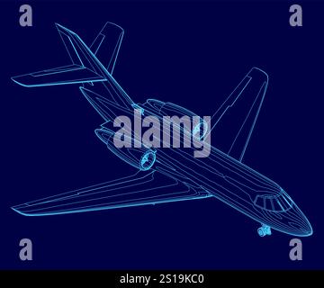 L'aereo blu è mostrato su sfondo blu. L'aereo è un aereo di linea ed è mostrato in modo stilizzato Illustrazione Vettoriale