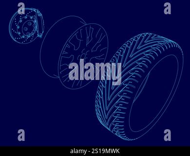 Primo piano di uno pneumatico con un mozzo e una ruota. Lo pneumatico è blu e anche il mozzo e la ruota sono blu Illustrazione Vettoriale