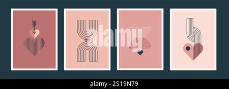 Biglietti d'auguri bohémien per San Valentino dallo stile minimalista e stampe di wall art. Cuore, labbra, sole e arcobaleno, modelli di progettazione, elementi geometrici astratti Illustrazione Vettoriale