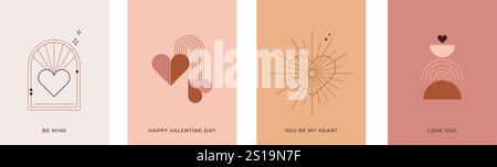 Biglietti d'auguri bohémien per San Valentino dallo stile minimalista e stampe di wall art. Cuore, labbra, sole e arcobaleno, modelli di progettazione, elementi geometrici astratti Illustrazione Vettoriale