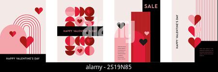 Set di poster di San Valentino, biglietto di auguri, copertina, etichetta, modelli promozionali di vendita, inviti di nozze, sfondo in stile moderno e alla moda Illustrazione Vettoriale