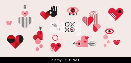 Elementi per il giorno di San Valentino per poster, biglietti d'auguri, copertina, etichetta, modelli di promozione di vendita, inviti di nozze, sfondi in stile moderno e alla moda Illustrazione Vettoriale