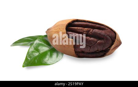 Gustose noci pecan e foglie verdi isolate su bianco Foto Stock