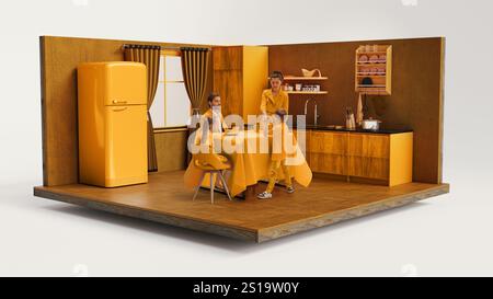 Una famiglia di quattro persone che condivide un pasto in una cucina gialla in stile retrò, con toni caldi e vibrazioni nostalgiche. Modello 3D della stanza. Foto Stock