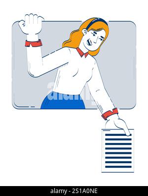 Donna bionda casual professionale che si allunga a mano con un carattere doodle 2D. Illustrazione Vettoriale