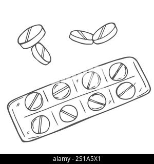 Illustrazione dello schizzo della blister delle pillole. Prodotto in farmacia. Scarabocchio nero di compresse rotonde e capsula. Illustrazione Vettoriale
