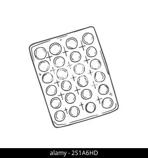 Blister con pillole. Illustrazione vettoriale. Schizzo. Contorno su sfondo isolato. Stile doodle. Forma farmaceutica per il trattamento della malattia. Medica Illustrazione Vettoriale