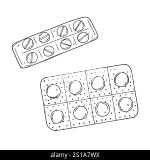 Illustrazione dello schizzo della blister delle pillole. Prodotto in farmacia. Scarabocchio nero di compresse rotonde e capsula. Illustrazione Vettoriale