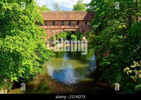 Germania, Baviera, Franconia, Norimberga, città vecchia, lungo il fiume Pegnitz, il ponte Hallertorbrücke e il Kettensteg (passerella storica) Foto Stock