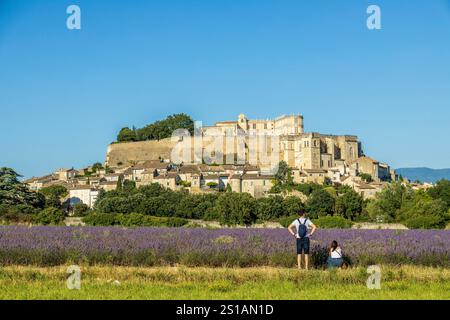 Francia, Drôme, Grignan, etichettato Les Plus Beaux Villages de France, campo di lavanda di fronte alla cappella romanica del XII secolo Saint-Vincent, il villaggio e il castello di Grignan il castello di Grignan, residenza della linea di Adhémar per sei secoli Foto Stock