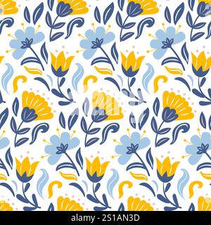 Un motivo scandinavo senza cuciture caratterizzato da fiori vivaci in stile slavo. Il design sfoggia motivi floreali complessi che uniscono gli elemen tradizionali Illustrazione Vettoriale