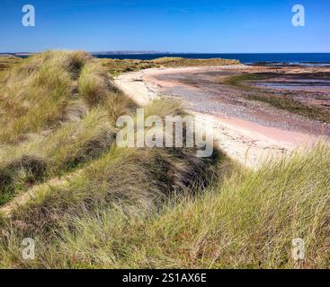 Vista in estate di Coves Haven sull'isola Santa di Lindisfarne nel Northumberland, affacciata sulla spiaggia e sulle dune con la bassa marea Foto Stock