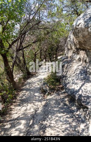 Sentiero con rocce e alberi a Wimberley, Texa, USA Foto Stock