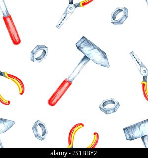Martelli con manico rosso, pinze gialle e bulloni in argento in un'illustrazione ad acquerello senza cuciture. Ideale per il confezionamento di prodotti, forniture artigianali e sfondi per progetti di costruzione Foto Stock