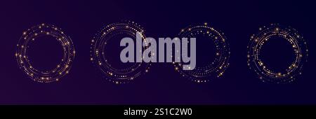 Set cornice cerchio dorato. Anello luminoso vettoriale in oro punteggiato. Forma rotonda geometrica isolata per la decorazione. Ornamento badge vuoto. Bordo Illustrazione Vettoriale
