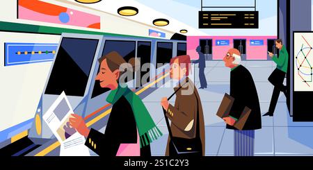 Banner vettoriale della metropolitana o treno nella stazione della metropolitana. Cartello della piattaforma della metropolitana. Infrastrutture interne metropolitane con passeggeri turistici. Illustrazione Vettoriale