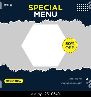 Banner del menu gastronomico post sui social media. Modelli di social media modificabili per le promozioni nel menu Food. Set di storie sui social media e post frame. Layout Illustrazione Vettoriale