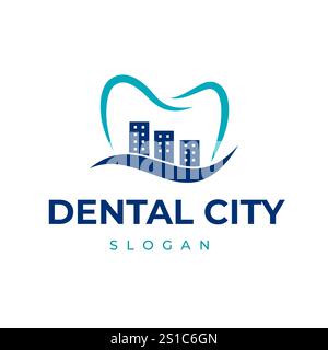 Dental City Logo con design semplice del dente e City Building silhouette può essere utilizzato per clinica dentale, ospedale Illustrazione Vettoriale
