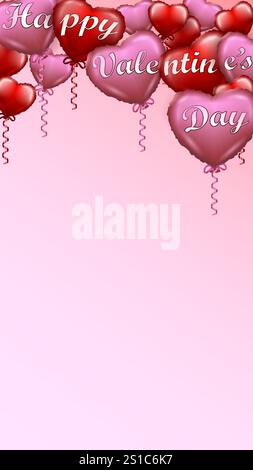 San Valentino. Palloncini rossi e rosa a forma di cuore con lettere. Modello verticale. Illustrazione vettoriale isolata su sfondo rosa-bianco Illustrazione Vettoriale