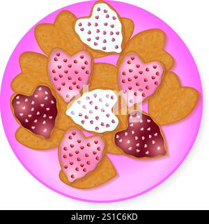 San Valentino. Biscotti a forma di cuore con glassa colorata su un piatto. Illustrazione vettoriale isolata. Illustrazione Vettoriale
