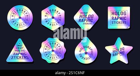 Set vettoriale di adesivi olografici o etichette olografiche. Etichetta con gradiente realistico isolato o sigillo olografico. Guarnizione di forma diversa. Badge olografico. Illustrazione Vettoriale