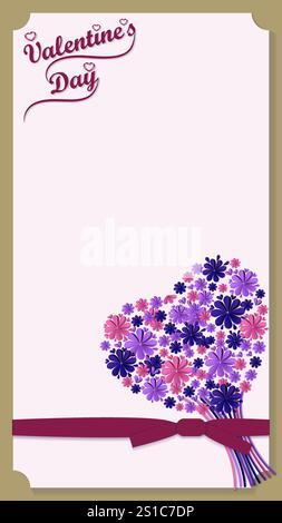 San Valentino. Bouquet di fiori di carta a forma di cuore. Modello verticale. Illustrazione vettoriale isolata su sfondo bianco Illustrazione Vettoriale