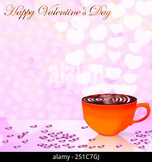 San Valentino. Tazza di caffè con motivo a forma di cuore. Design del modello. Illustrazione vettoriale isolata su sfondo bokeh Illustrazione Vettoriale