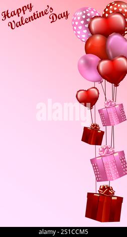 San Valentino. Palloncini, palloncini a forma di cuore, regali. Modello verticale. Illustrazione vettoriale isolata su sfondo rosa-bianco Illustrazione Vettoriale