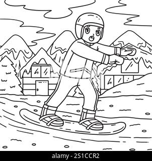 Pagina da colorare per bambini per lo snowboard Illustrazione Vettoriale