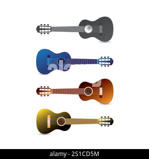 Ukulele, elegante illustrazione piatta di 4 piccole chitarre ukulele su sfondo bianco realistica in 4 colori. Illustrazione Vettoriale