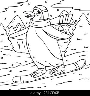 Pagina da colorare dei pinguini per snowboard per bambini Illustrazione Vettoriale