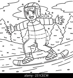 Pagina da colorare per bambini per lo snowboard Girl Gliding Illustrazione Vettoriale