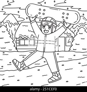 Snowboard Boy Raising a Snowboard Coloring Page Illustrazione Vettoriale