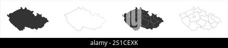 Repubblica Ceca serie di tre mappe - mappa solida, mappa di contorno e mappa che evidenziano le divisioni amministrative. Tre mappe distinte illustrano varie rappresentazioni di un'area geografica. Illustrazione Vettoriale