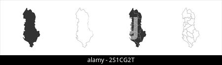 Albania serie di tre mappe - mappa solida, mappa di contorno e mappa che evidenziano le divisioni amministrative. Tre mappe distinte illustrano varie rappresentazioni di un'area geografica. Illustrazione Vettoriale
