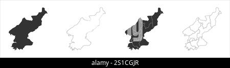Corea del Nord serie di tre mappe - mappa solida, mappa di contorno e mappa che evidenziano le divisioni amministrative. Tre mappe distinte illustrano varie rappresentazioni di un'area geografica. Illustrazione Vettoriale