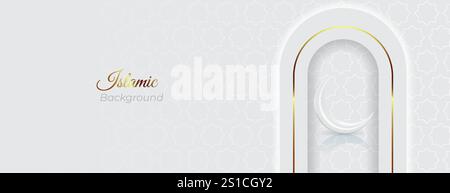 sfondo bianco per striscioni islamici con mezzaluna, cancello e linea dorata su sfondo a motivo continuo. ottimo per ramadan, eid mubarak, ecc.. Illustrazione Vettoriale