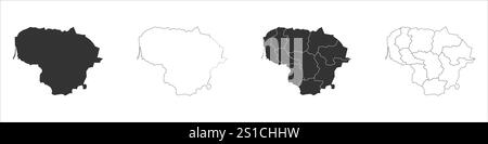 Lituania serie di tre mappe: Mappa solida, mappa di contorno e mappa che evidenziano le divisioni amministrative. Tre mappe distinte illustrano varie rappresentazioni di un'area geografica. Illustrazione Vettoriale