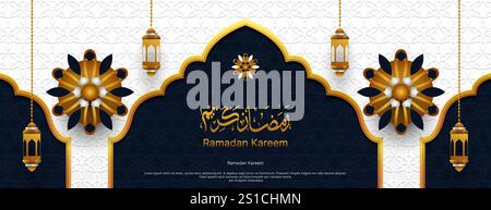 Design per striscioni Ramadan Kareem con calligrafia araba in blu scuro, bianco e oro. background islamico Illustrazione Vettoriale