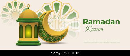 sfondo per striscioni islamici con mezzaluna 3d e lanterna di colore oro e verde. ottimo per il ramadan kareem, la celebrazione eid mubarak e altri eventi islamici Illustrazione Vettoriale