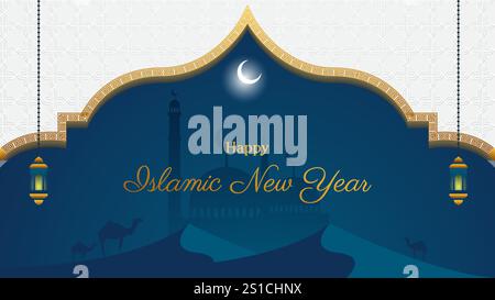 Felice sfondo del nuovo anno islamico con cammello, deserto e moschea. adatto per biglietti d'auguri, striscioni, poster, ecc. Illustrazione Vettoriale