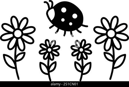 Un disegno bianco e nero di una coccinella su un fiore. La coccinella è circondata da fiori, con un fiore in primo piano e tre nel backgroun Illustrazione Vettoriale