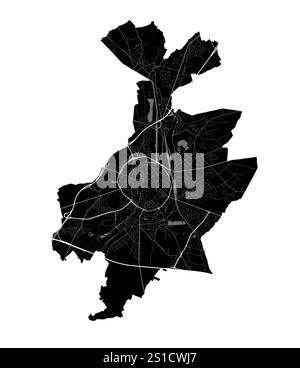 Mappa di Lovanio, Belgio. Mappa vettoriale dettagliata della città, area metropolitana. Mappa stradale in bianco e nero con strade e acqua. Illustrazione Vettoriale
