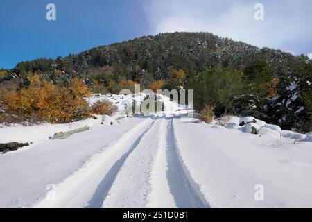 Neve su strada di montagna nel Parco dell'Etna, Sicilia, Italia Foto Stock