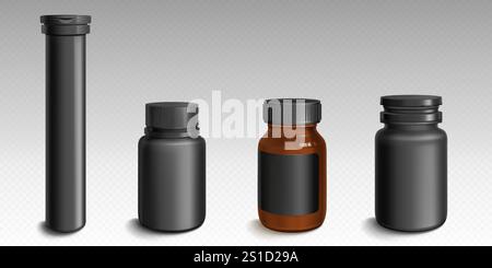 Contenitori farmaceutici neri di diverse dimensioni per la conservazione di prodotti medici, vitamine, compresse. Bottiglie e provette cilindriche alte, larghe e piccole chiuse con mockup del coperchio. Set di vettori 3d realistici. Illustrazione Vettoriale