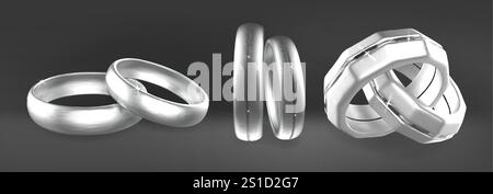 Eleganti feste nuziali in platino o oro bianco in diversi design. Tradizionali coppie arrotondate, moderni motivi foderati e forme geometriche complesse. Anelli in argento spazzolato con dettagli brillanti. Illustrazione Vettoriale
